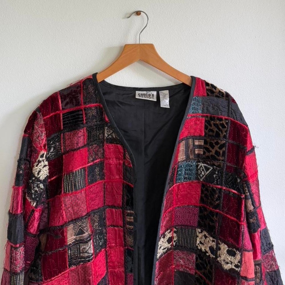Chico's Design Red Patchwork Silk Blend Open Front Jacket Boho Vintage Style